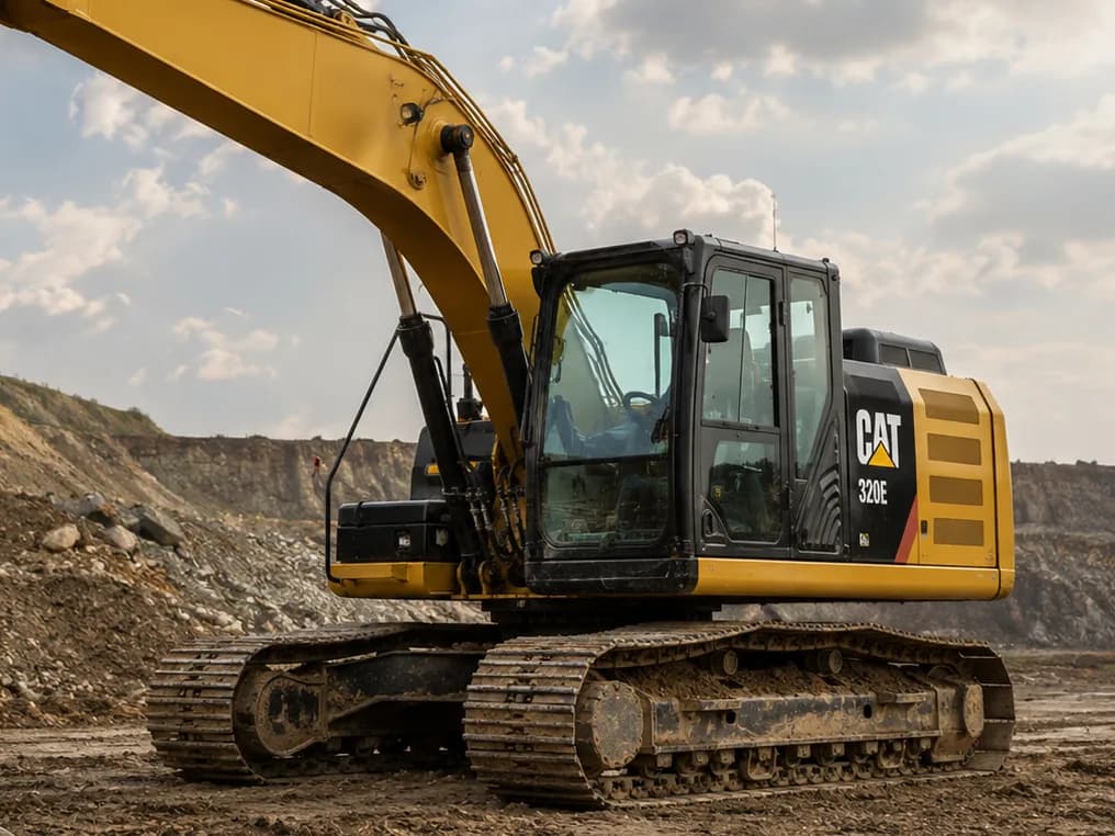 Tracked hydraulic excavator at a quarry with its boom raised