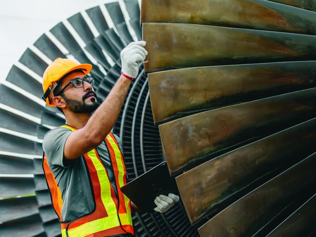 Technician inspecting the blades of a large turbine rotor