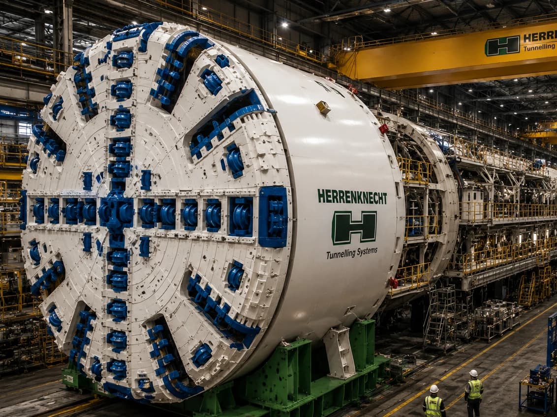 Large tunnel-boring machine with a circular cutterhead on a factory floor