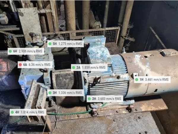 Paper-mill drive equipment with vibration readings marked at measurement points