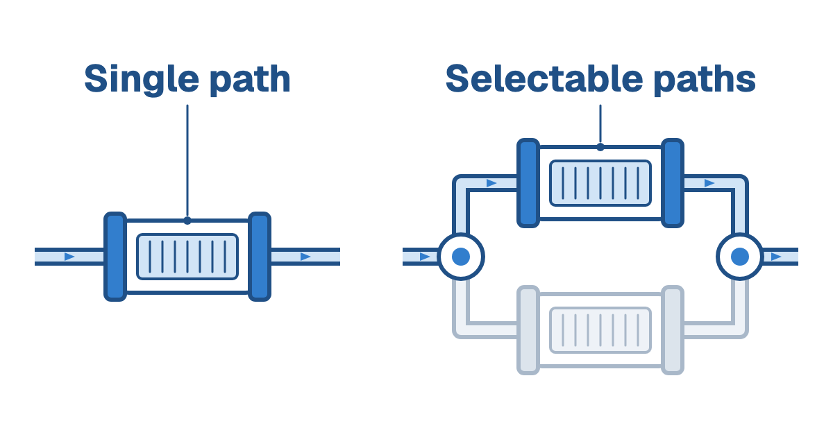 One fuel line through one filter, labeled Single path, beside two parallel lines between a pair of selectors, each through its own filter, one drawn in blue and the other greyed, labeled Selectable paths