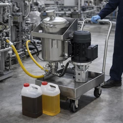 Portable industrial oil filtration unit treating oil beside production equipment