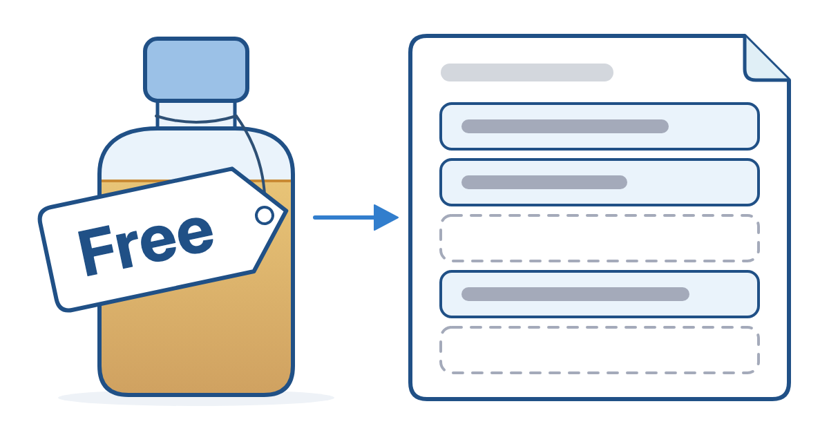 Oil sample bottle with a price tag reading Free and an arrow to a report with some rows filled and some left blank