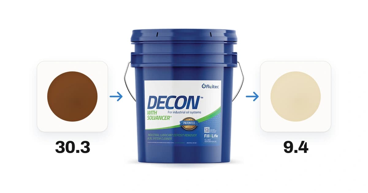 DECON™ beside MPC patches showing a documented Egyptian turbine oil varnish result from 30.3 to 9.4