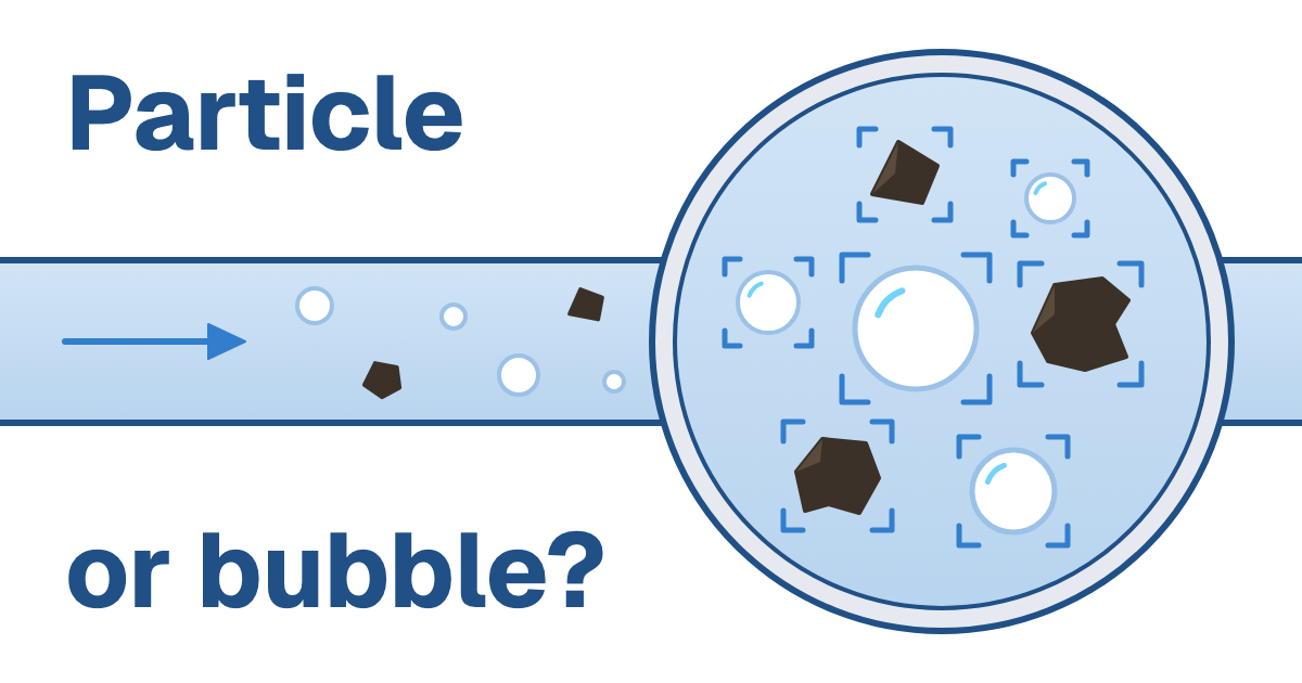Magnified window on an oil pipe, with air bubbles and dark particles framed alike, beside the words Particle or bubble?